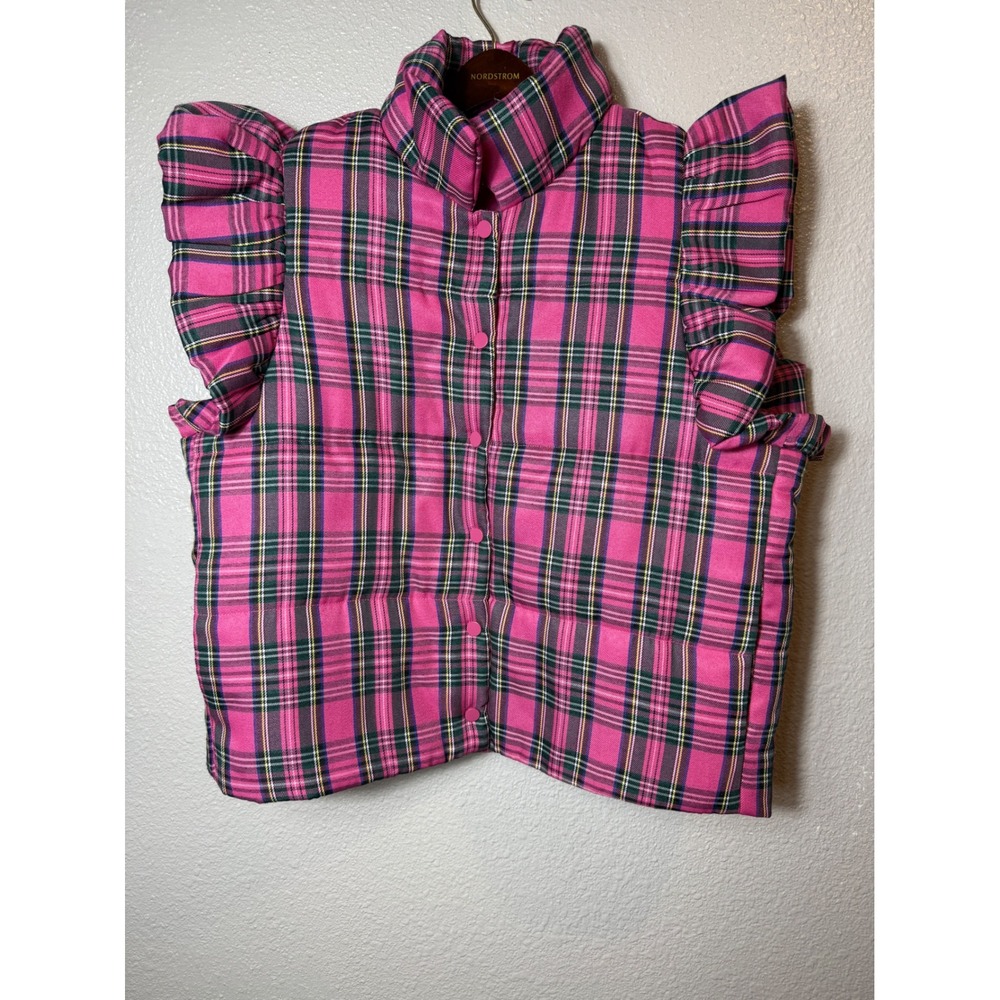 NWT Entro Size M Women Pink Plaid Ruffle Tartan Puffer Snap Up Vest Pockets